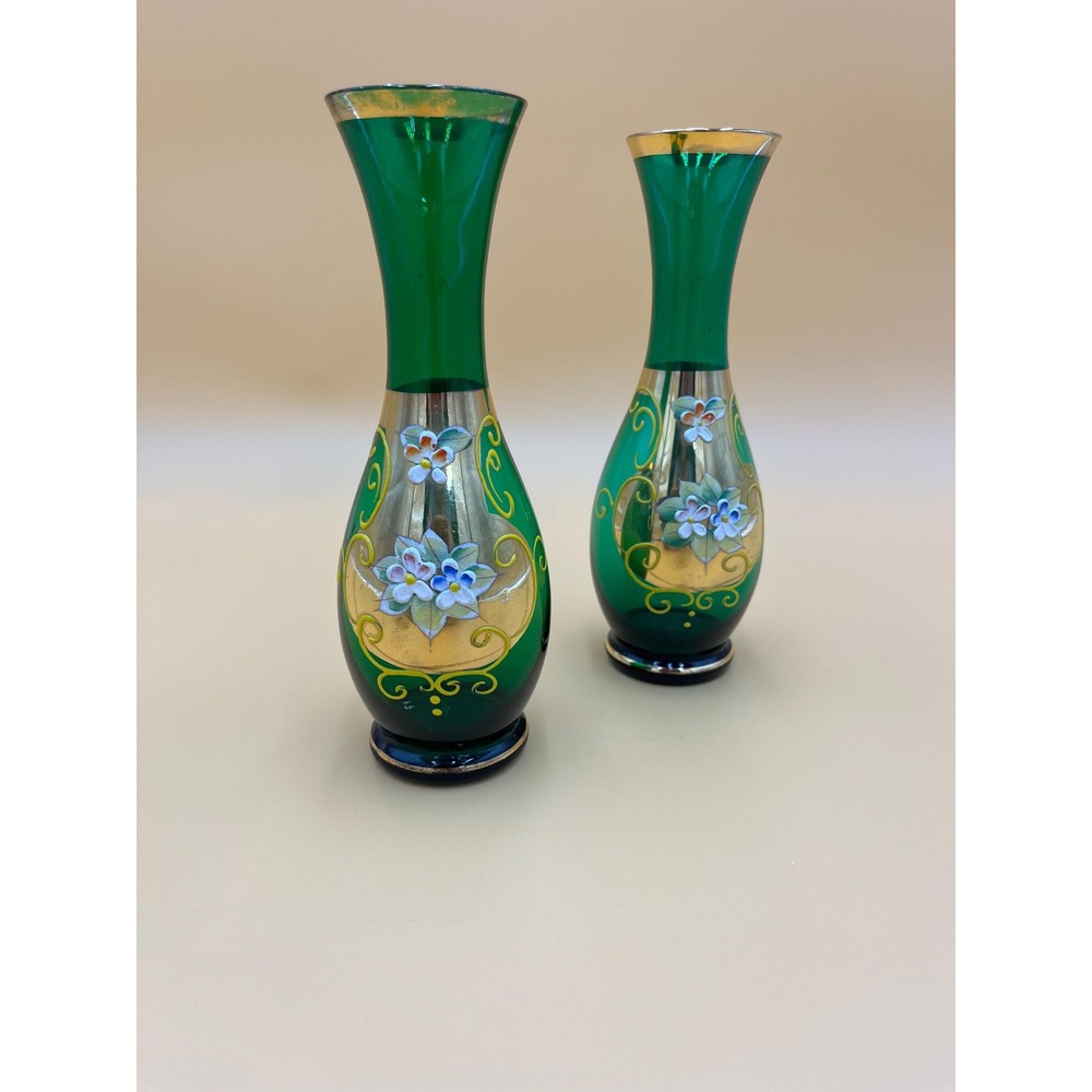 Vintage Royal Sealy Bud Vase Set: Green Glass Bohemian Floral Decor